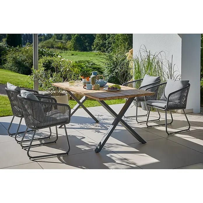 Sunfun Maja Gartenmöbel-Set (6 -tlg., Teak/Edelstahl/Kunststofffaser-Schnüre, Teak/Grau, Schweizer-Kante/X-Gestell)