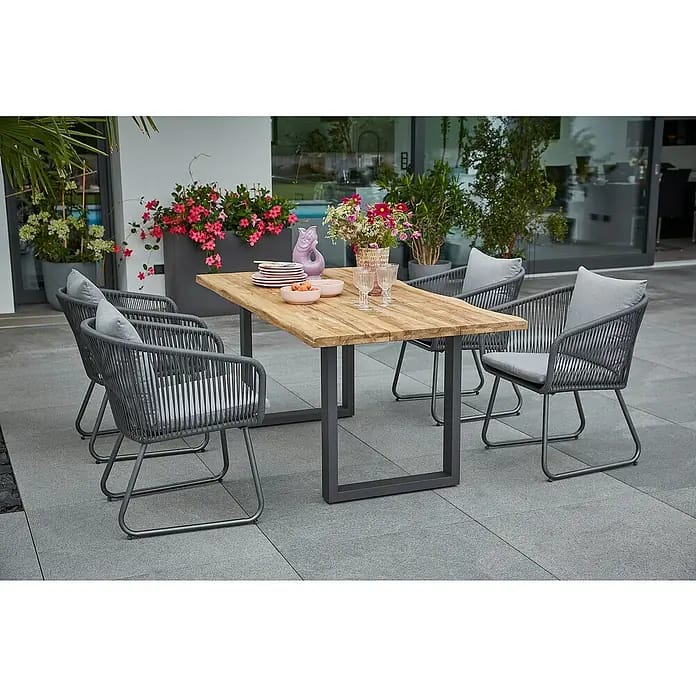 Sunfun Maja Gartenmöbel-Set (6 -tlg., Teak/Edelstahl/Kunststofffaser-Schnüre, Teak/Grau, Baumkante/U-Gestell)