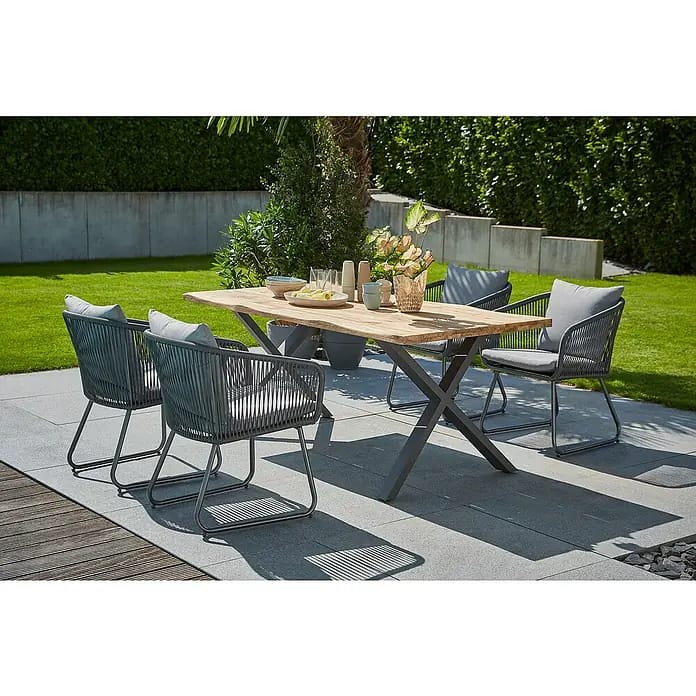 Sunfun Maja Gartenmöbel-Set (6 -tlg., Teak/Edelstahl/Kunststofffaser-Schnüre, Teak/Grau, Baumkante/X-Gestell)