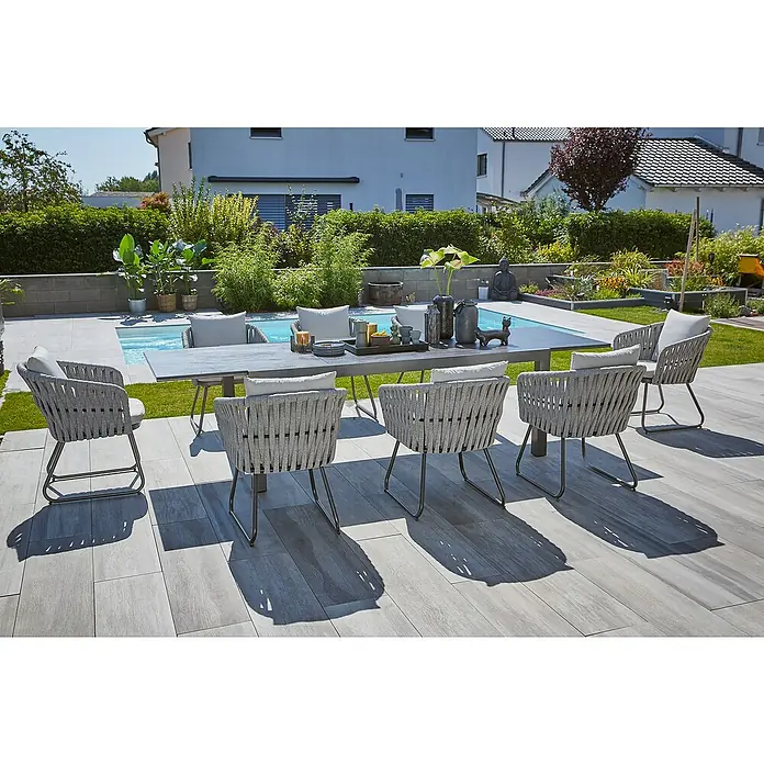 Sunfun Maja Gartenmöbel-Set Stone (9 -tlg., Sintered Stone, Aluminium, Stahl, Seilgeflecht, Anthrazit/Hellgrau, Tischplatte ausziehbar)