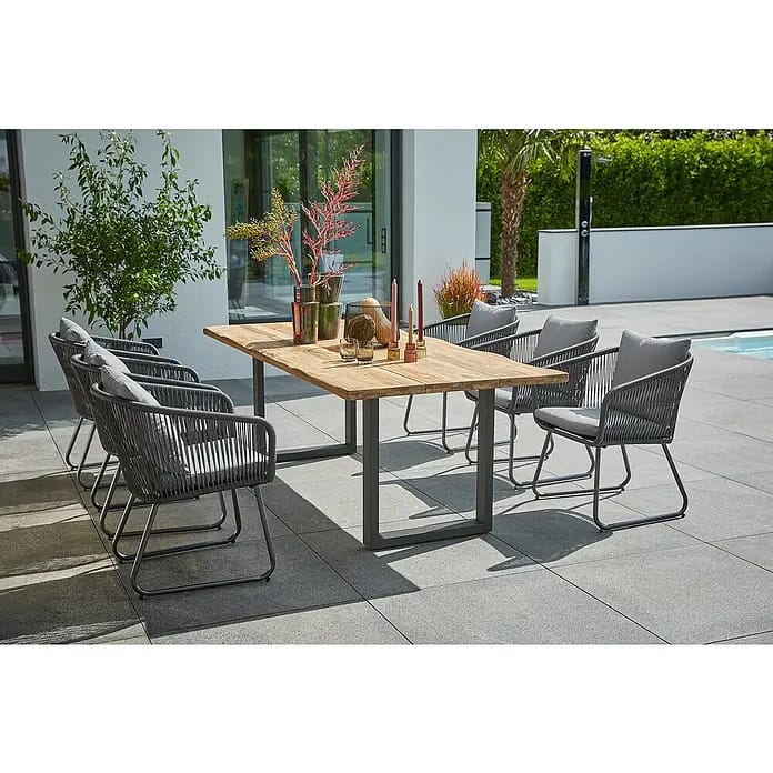 Sunfun Maja Gartenmöbel-Set (8 -tlg., Teak/Edelstahl/Kunststofffaser-Schnüre, Teak/Grau, Baumkante/U-Gestell)