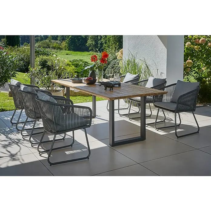 Sunfun Maja Gartenmöbel-Set (8 -tlg., Teak/Edelstahl/Kunststofffaser-Schnüre, Teak/Grau, Schweizer-Kante/U-Gestell)