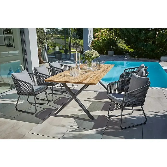 Sunfun Maja Gartenmöbel-Set (8 -tlg., Teak/Edelstahl/Kunststofffaser-Schnüre, Teak/Grau, Schweizer-Kante/X-Gestell)