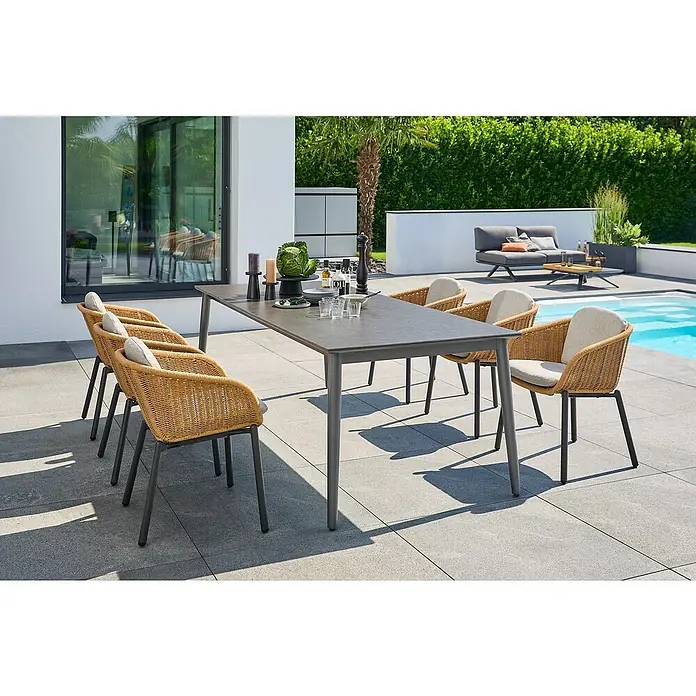Sunfun Gartenmöbel-Set Solo (7 -tlg., Aluminium/Sintered Stone/Polyrattan/Polyester, Night-Grey/Braun)