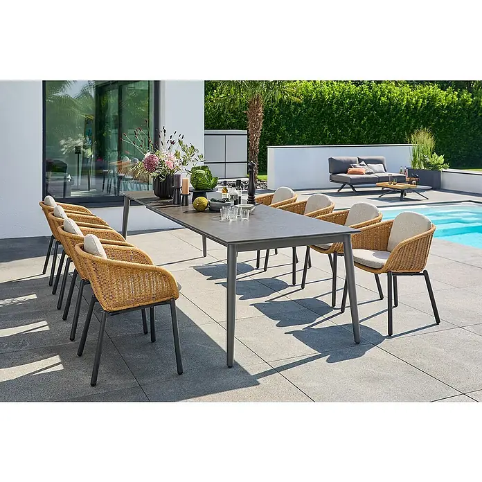 Sunfun Gartenmöbel-Set Solo (9 -tlg., Aluminium/Sintered Stone/Polyrattan/Polyester, Night-Grey/Braun)