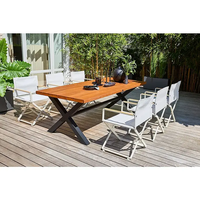 Sunfun Gartenmöbel-Set X-Fuß/Solo (7 -tlg., Robinie/Aluminium/Textilen, Braun/Schwarz/Light-Greige)