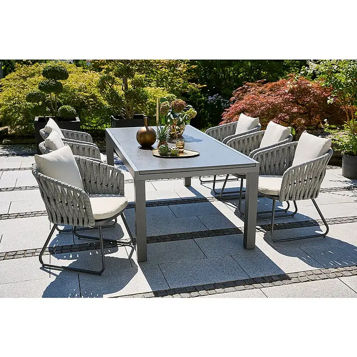 Sunfun Maja Gartenmöbel-Set Stone (7 -tlg., Sintered Stone/Aluminium/Stahl/Seilgeflecht, Anthrazit/Hellgrau)