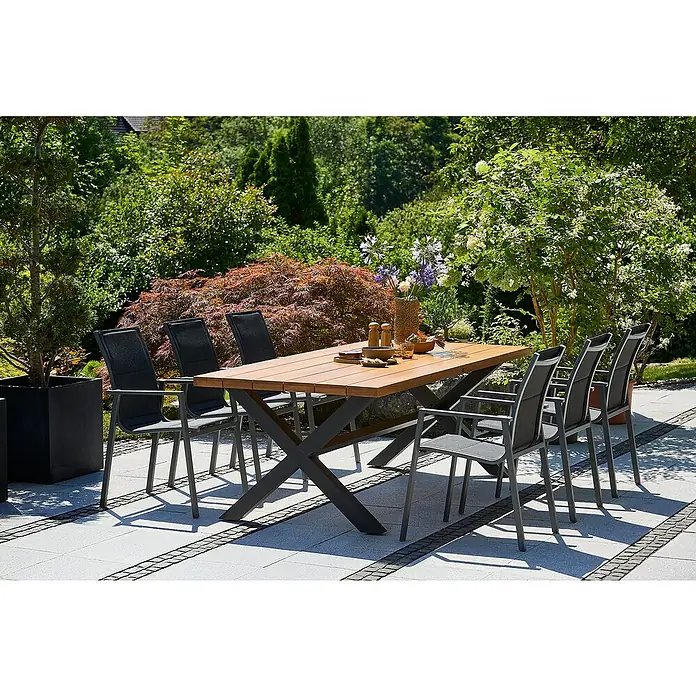 Sunfun Maja Gartenmöbel-Set I (7 -tlg., Aluminium, Eschenholz, Textilen, Anthrazit, Braun)
