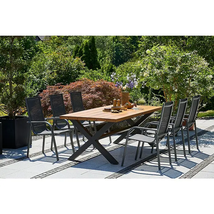 Sunfun Maja Gartenmöbel-Set II (7 -tlg., Aluminium, Eschenholz, Textilen, Anthrazit, Braun)