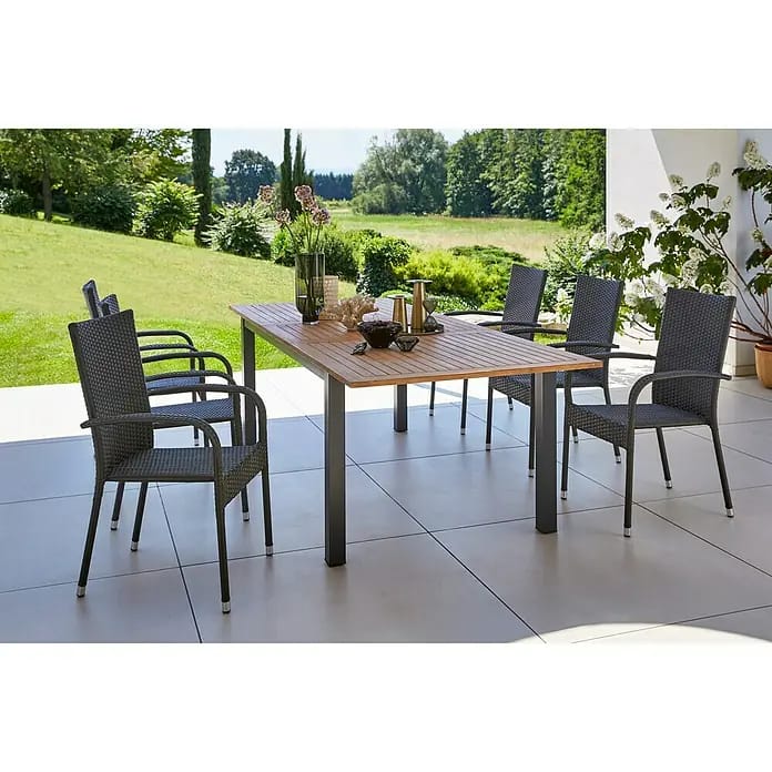 Gartenmöbel-Set Carina/Neila (7 -tlg., Akazie/Polyrattan/Stahl, Naturbraun/Silbergrau)