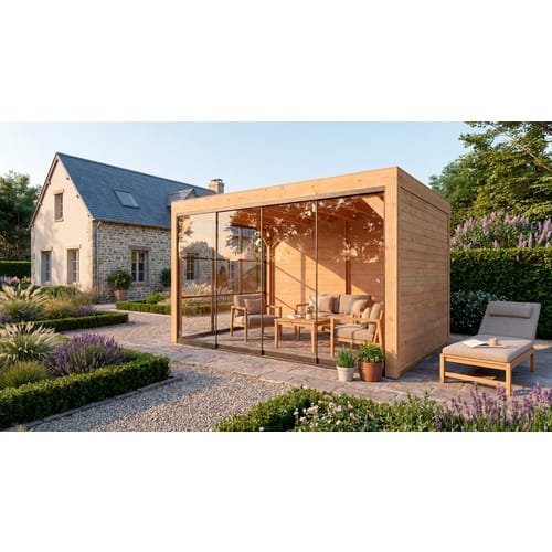 weka Gartenlaube Lumley 399 cm x 307 cm Schiebetür mit 2 x Holzwand 1 x Glaswand