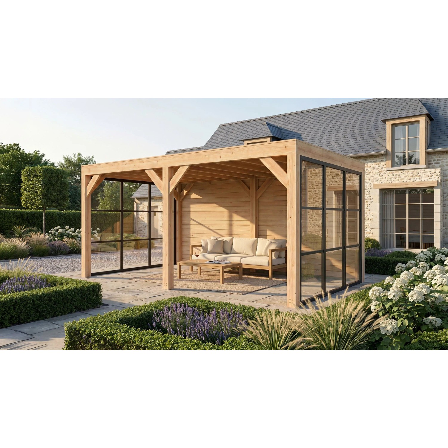 weka Gartenlaube Lumley 499 cm x 307 cm mit Holz- und Glaswänden ohne Tür