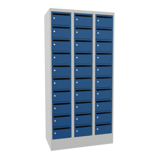 Pavoy Schließfachschrank, 3 x 10 Fächer, Korpus Lichtgrau/ Front Enzianblau