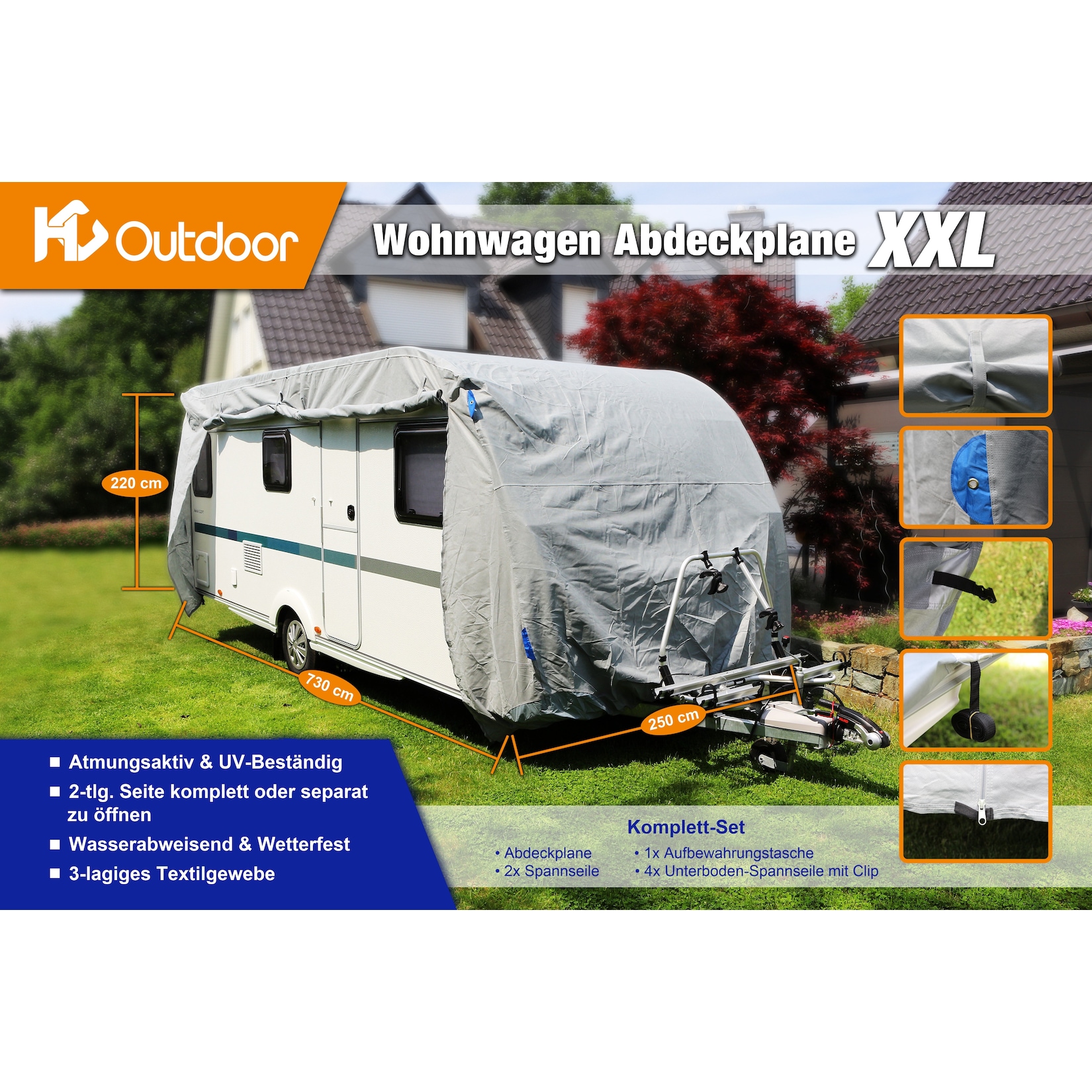 HC Outdoor Wohnwagen Abdeckplane Größe XXL 732 x 250 x 220 cm
