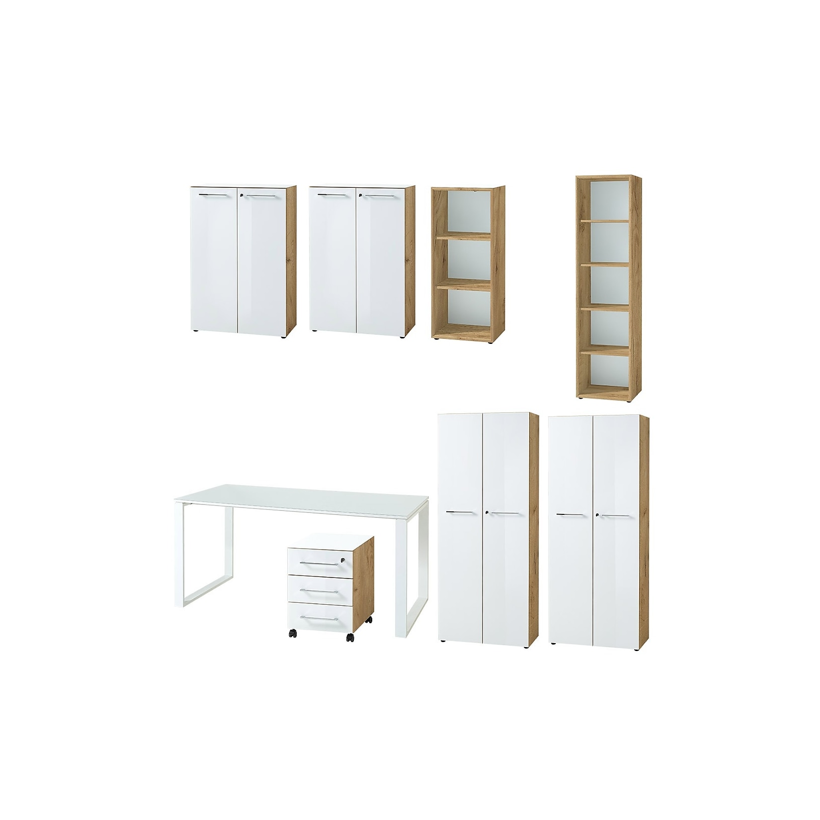 Büro-Set MUENCHEN 8-teilig Glas & Abschließbar & Soft-Close Chalet-Eiche-Nb./Weiß