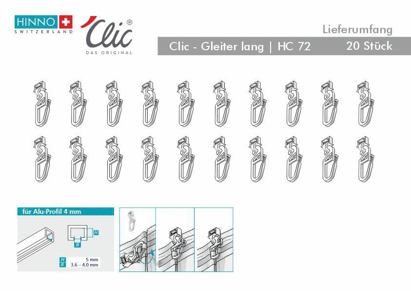 HINNO Klick-Gleiter hinno-clic HC72, Gardinen, Gardinenschienen, Vorhänge, Gardinenleisten, Innenlaufsysteme, Gardinenstangen, (20-St), HINNO Clic-Gleiter Bild 5