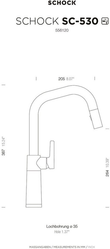Schock Küchenarmatur SC530 ausziehbar, Strahl-Brause, Rückflussverhinderer, Schwenkbereich 120°