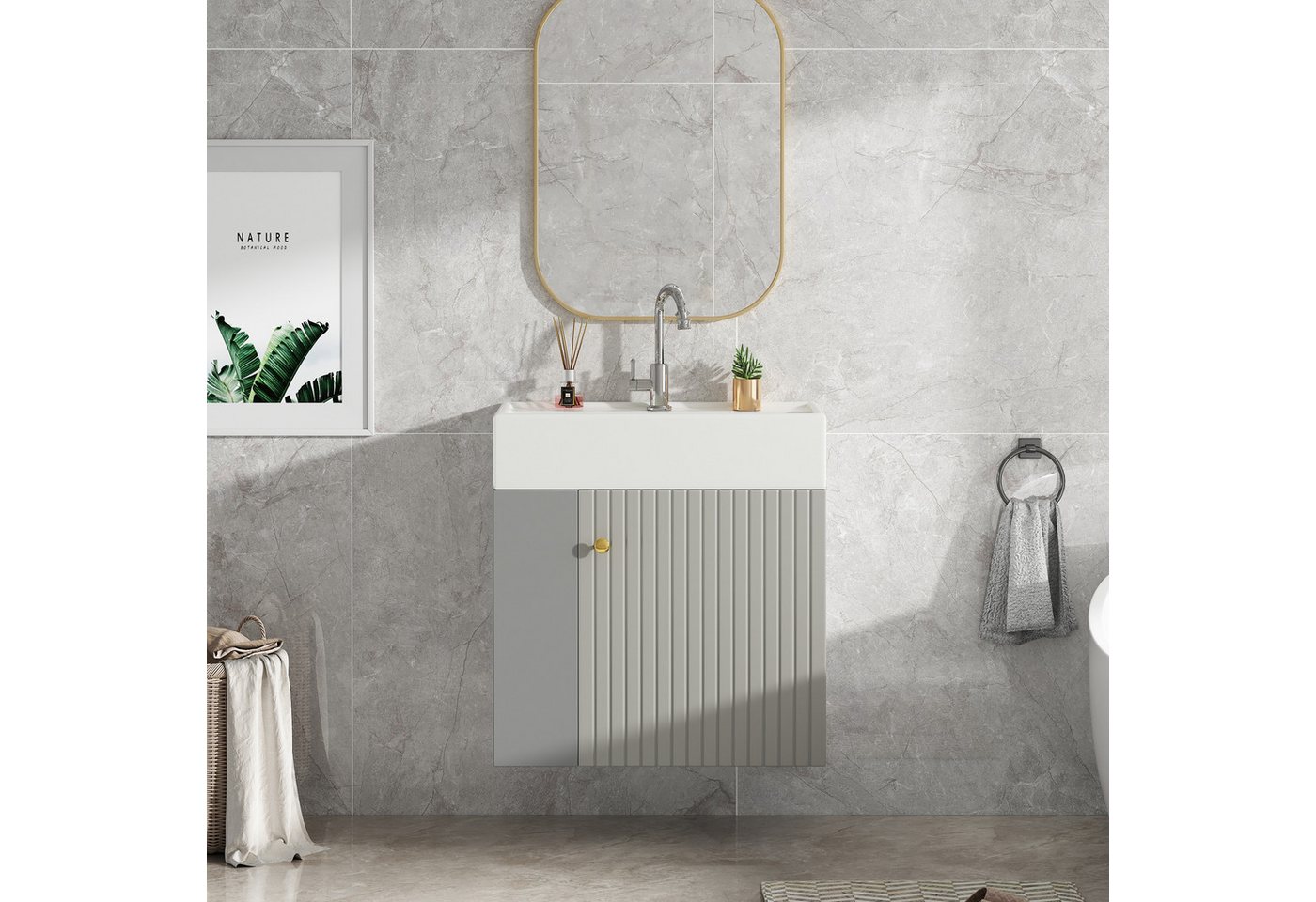 IDEASY Waschtisch Waschbecken mit Waschtischunterschrank 55 cm, Kleine Gästebadmöbel, Badezimmermöbel, Waschtischunterschrank hängend hellgrau/Weiß