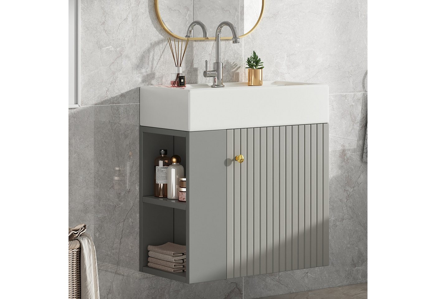 IDEASY Waschtisch Waschbecken mit Waschtischunterschrank 55 cm, Kleine Gästebadmöbel, Badezimmermöbel, Waschtischunterschrank hängend hellgrau/Weiß Bild 2
