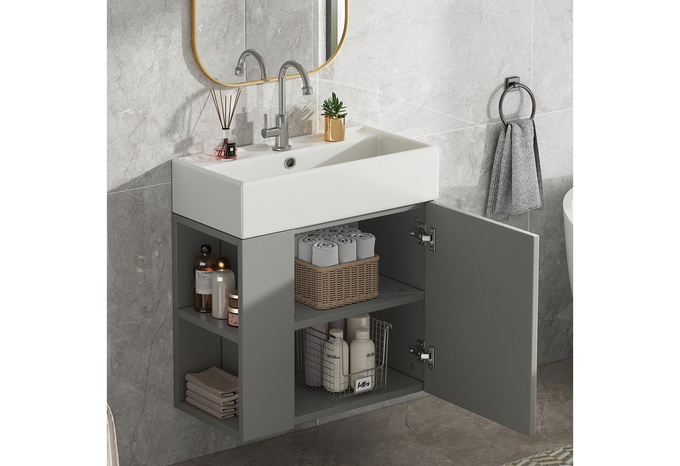 IDEASY Waschtisch Waschbecken mit Waschtischunterschrank 55 cm, Kleine Gästebadmöbel, Badezimmermöbel, Waschtischunterschrank hängend hellgrau/Weiß Bild 3