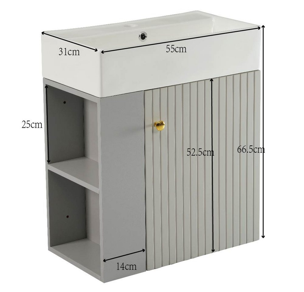 IDEASY Waschtisch Waschbecken mit Waschtischunterschrank 55 cm, Kleine Gästebadmöbel, Badezimmermöbel, Waschtischunterschrank hängend hellgrau/Weiß Bild 4