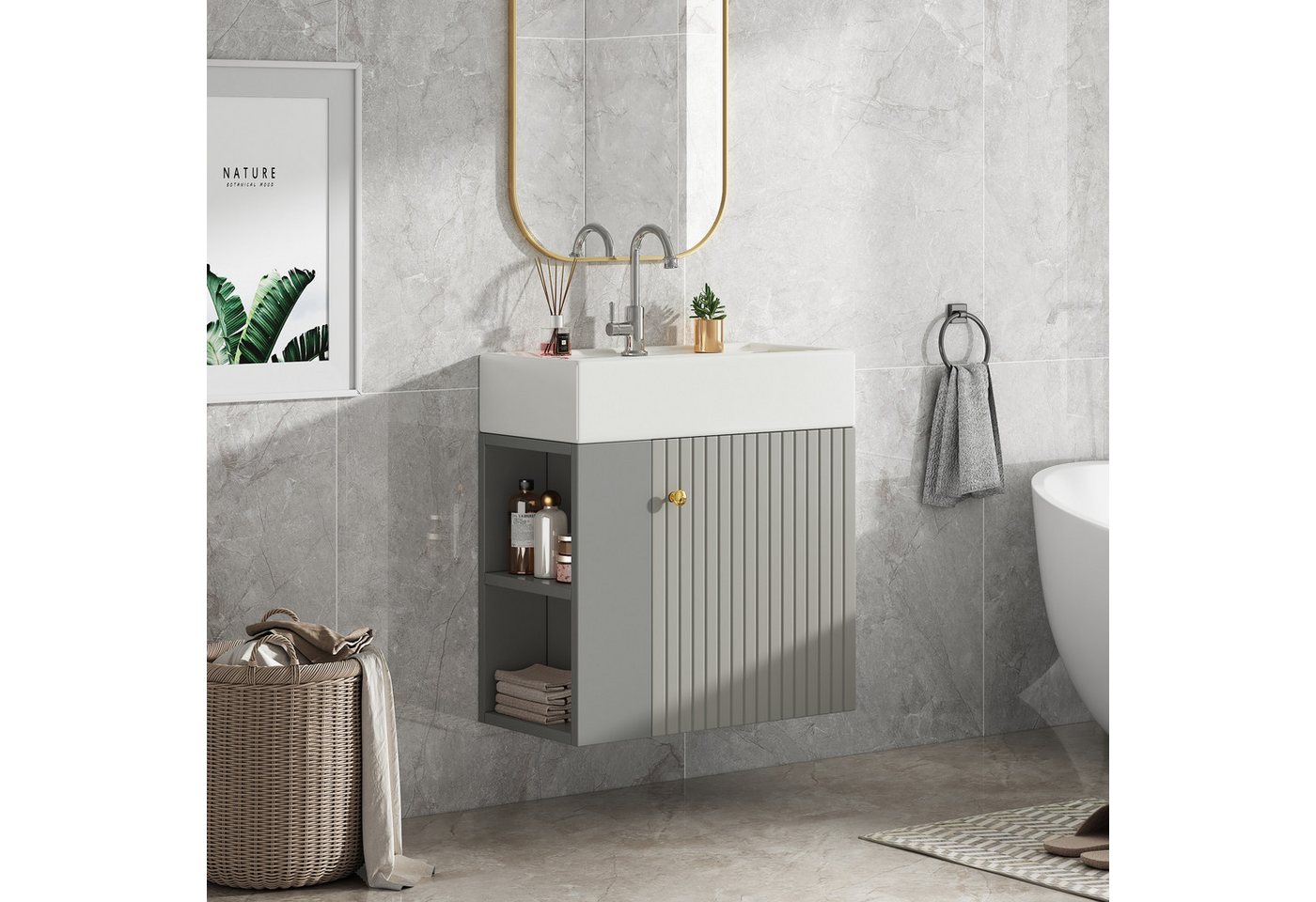 IDEASY Waschtisch Waschbecken mit Waschtischunterschrank 55 cm, Kleine Gästebadmöbel, Badezimmermöbel, Waschtischunterschrank hängend hellgrau/Weiß Bild 5