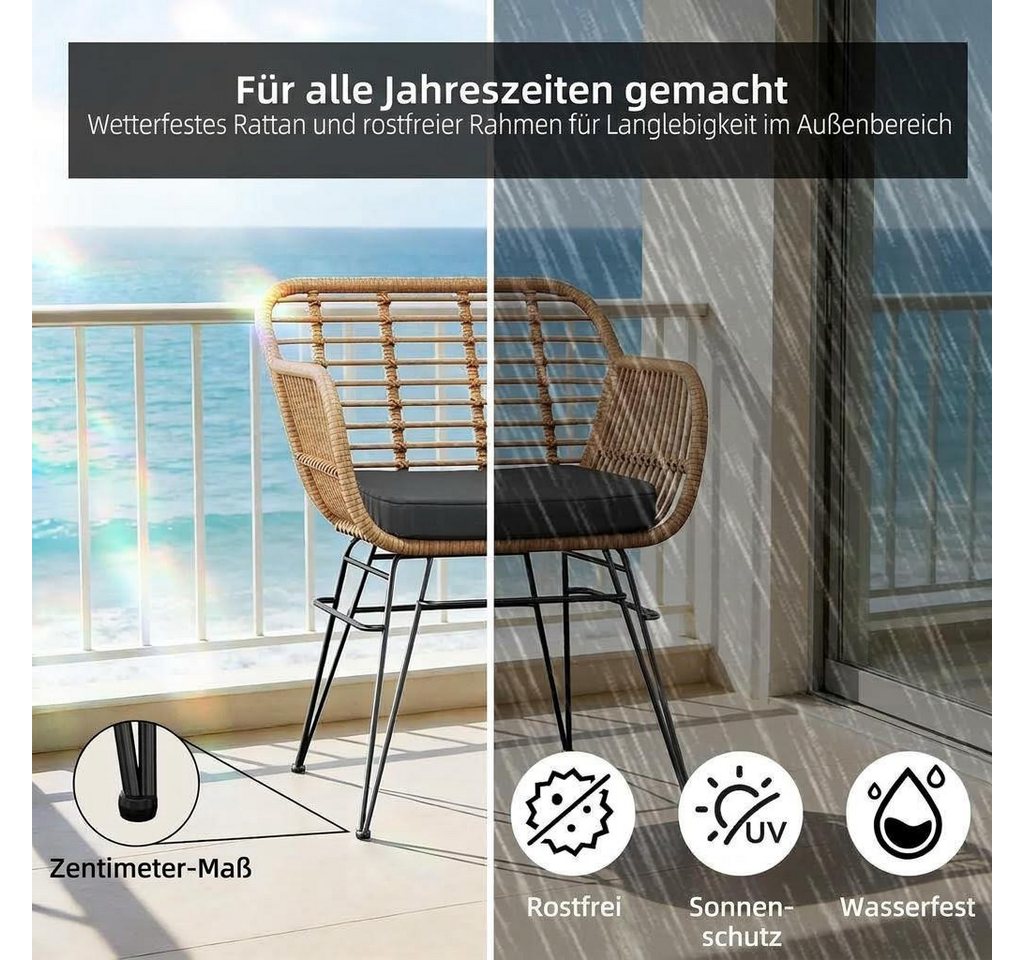 GarveeMore Balkonset Für 2 Personen,3-TLG Outdoor Rattan Sitzgruppe,Gartenmöbel, Rattan, Metall, wasserabw., 2 Sessel + Glas, für Balkon & Garten