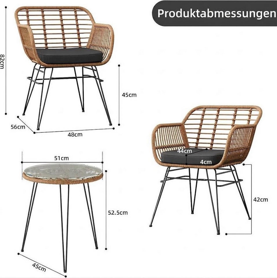 GarveeMore Balkonset Für 2 Personen,3-TLG Outdoor Rattan Sitzgruppe,Gartenmöbel, Rattan, Metall, wasserabw., 2 Sessel + Glas, für Balkon & Garten Bild 2