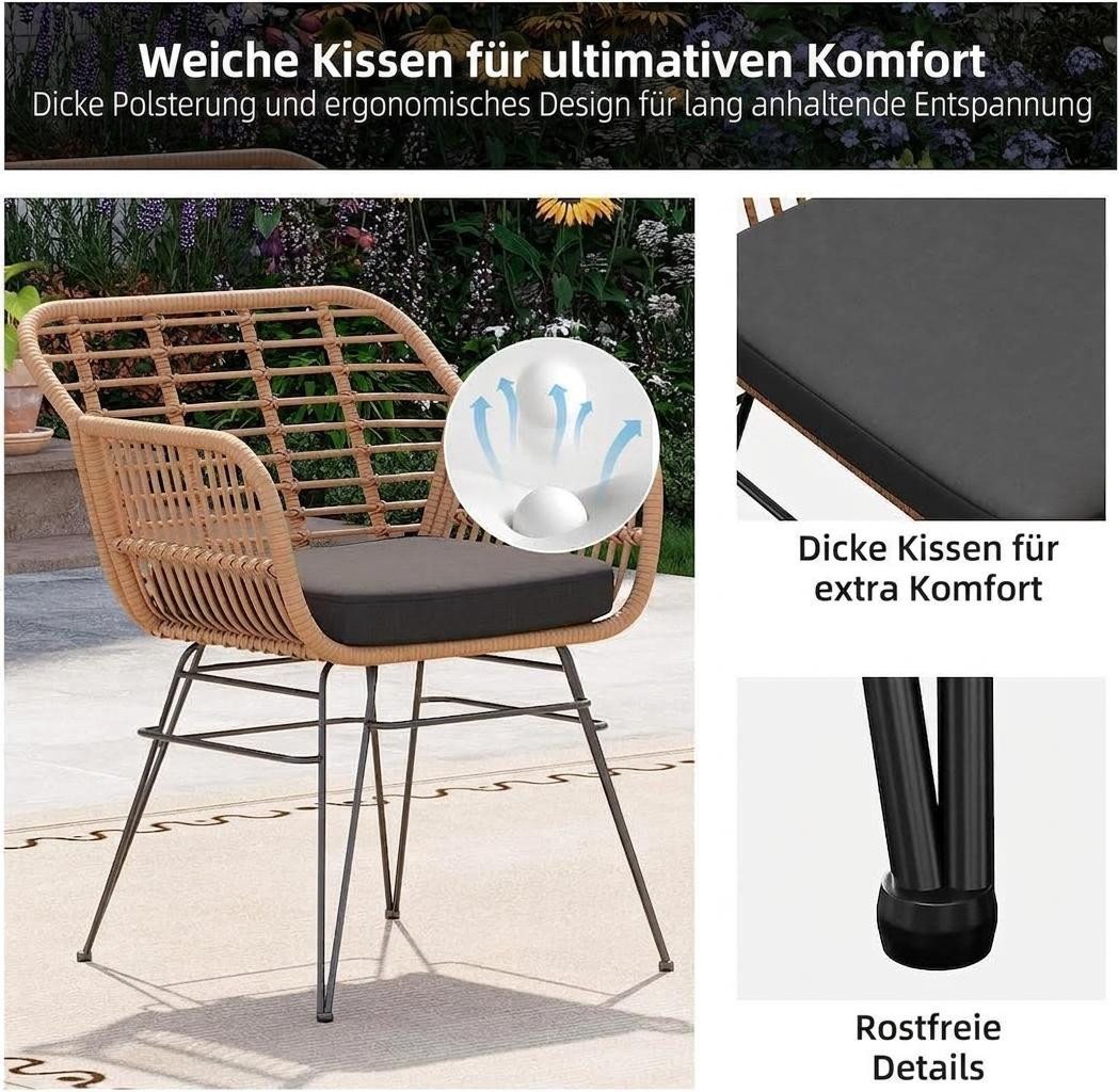 GarveeMore Balkonset Für 2 Personen,3-TLG Outdoor Rattan Sitzgruppe,Gartenmöbel, Rattan, Metall, wasserabw., 2 Sessel + Glas, für Balkon & Garten Bild 3