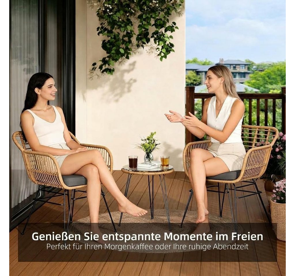 GarveeMore Balkonset Für 2 Personen,3-TLG Outdoor Rattan Sitzgruppe,Gartenmöbel, Rattan, Metall, wasserabw., 2 Sessel + Glas, für Balkon & Garten Bild 4