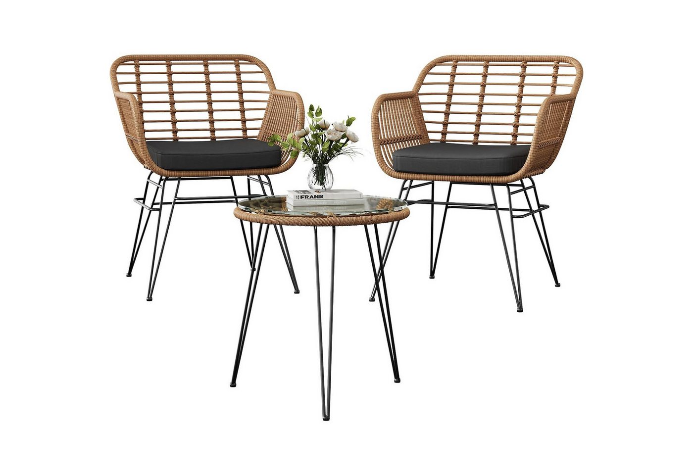 GarveeMore Balkonset Für 2 Personen,3-TLG Outdoor Rattan Sitzgruppe,Gartenmöbel, Rattan, Metall, wasserabw., 2 Sessel + Glas, für Balkon & Garten Bild 5