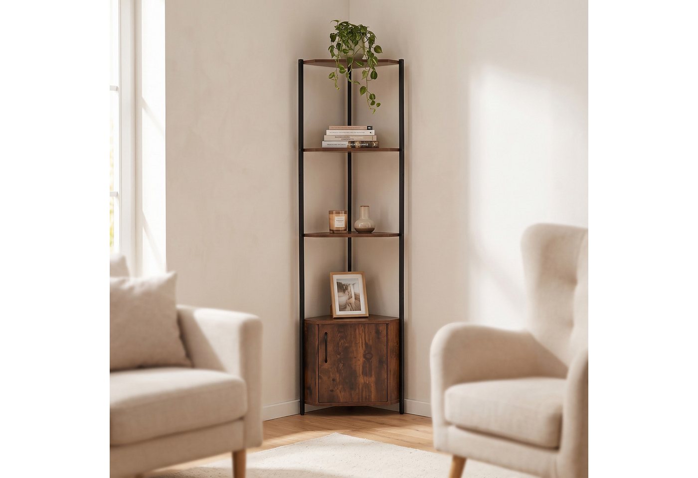 relaxdays Eckregal mit 5 Ebenen & Schrank, Vintagebraun