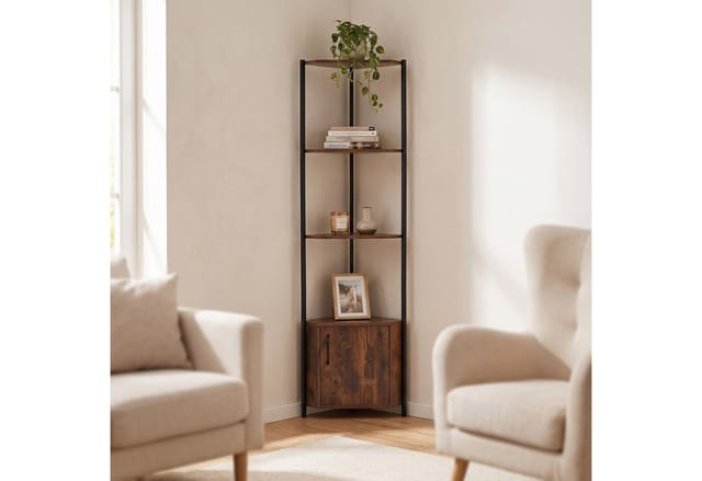 relaxdays Eckregal mit 5 Ebenen & Schrank, Vintagebraun