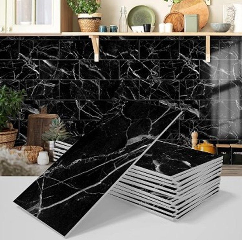 feinlux Wandfliese Wandfliese 16 Stück Fliese Aufkleber Fliesensticker, black, Set, Vintage Boden Wandabziehbild, Aufkleber selbstklebende Fliese 3D Kunst DIY Küche Bad Backsplash Bild 2