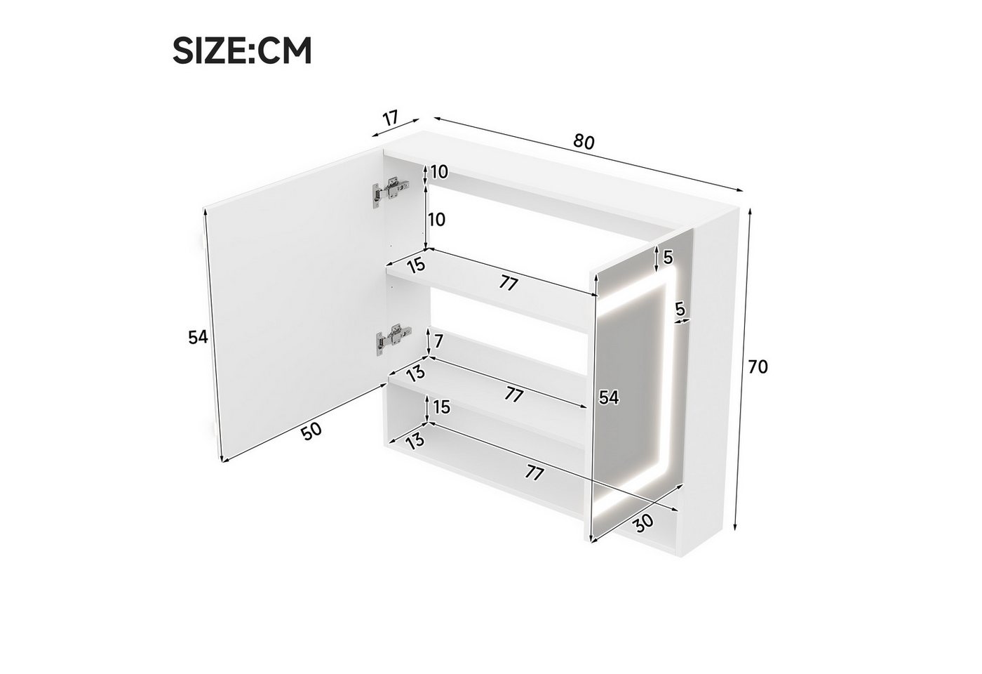 Flieks Badezimmerspiegelschrank Spiegelschrank mit Doppeltür, Ein-Knopf-Entfeuchtung, LED-Beleuchtung (80x17x70 cm, 1-St., Entnebelungsfunktion, Helligkeit einstellbar, Soft-Close-Funktion) Badezimmerschrank mit verstellbare Einlegeböden Wandschrank