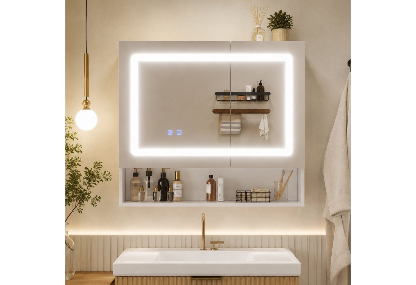 Flieks Badezimmerspiegelschrank Spiegelschrank mit Doppeltür, Ein-Knopf-Entfeuchtung, LED-Beleuchtung (80x17x70 cm, 1-St., Entnebelungsfunktion, Helligkeit einstellbar, Soft-Close-Funktion) Badezimmerschrank mit verstellbare Einlegeböden Wandschrank Bild 2