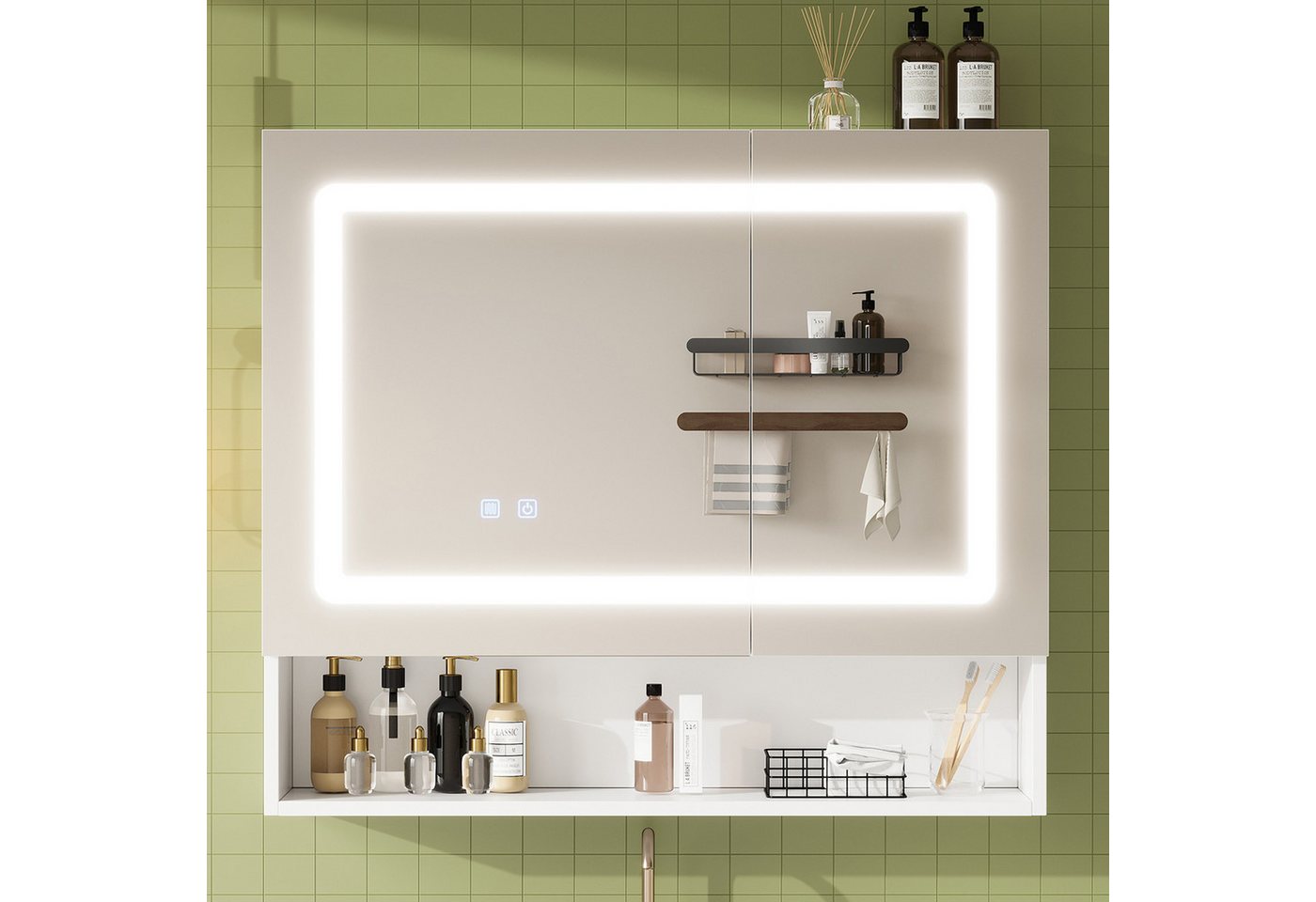Flieks Badezimmerspiegelschrank Spiegelschrank mit Doppeltür, Ein-Knopf-Entfeuchtung, LED-Beleuchtung (80x17x70 cm, 1-St., Entnebelungsfunktion, Helligkeit einstellbar, Soft-Close-Funktion) Badezimmerschrank mit verstellbare Einlegeböden Wandschrank Bild 3