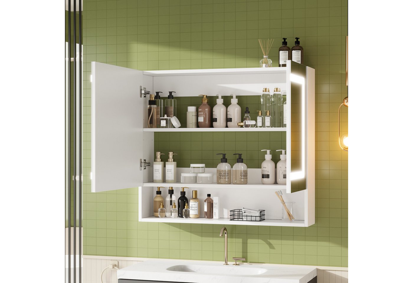 Flieks Badezimmerspiegelschrank Spiegelschrank mit Doppeltür, Ein-Knopf-Entfeuchtung, LED-Beleuchtung (80x17x70 cm, 1-St., Entnebelungsfunktion, Helligkeit einstellbar, Soft-Close-Funktion) Badezimmerschrank mit verstellbare Einlegeböden Wandschrank Bild 5