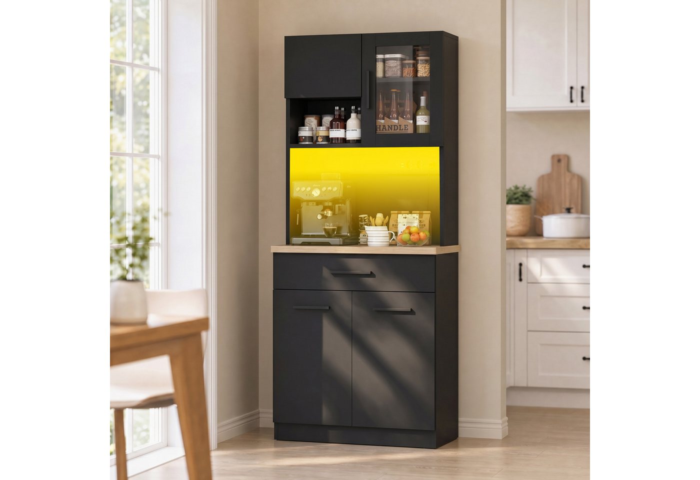 HOMALL Küchenbuffet Hohe Schränke, Küchenzeilen, Sideboards, mit LED-Beleuchtung (Maße: 80/100 × 40 × 182 cm, mit 3 Schubladen + 3 Schranktüren + 1 offenem Staufach und Arbeitsplatte, 2 Steckdosen + 2 USB-Anschlüssen, mit verstellbaren Einlegeböden)