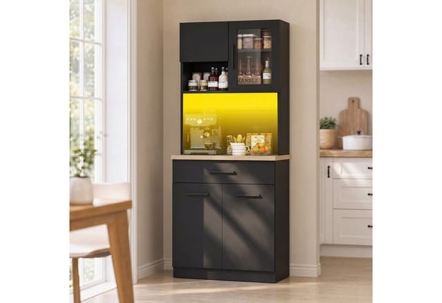 HOMALL Küchenbuffet Hohe Schränke, Küchenzeilen, Sideboards, mit LED-Beleuchtung (Maße: 80/100 × 40 × 182 cm, mit 3 Schubladen + 3 Schranktüren + 1 offenem Staufach und Arbeitsplatte, 2 Steckdosen + 2 USB-Anschlüssen, mit verstellbaren Einlegeböden)