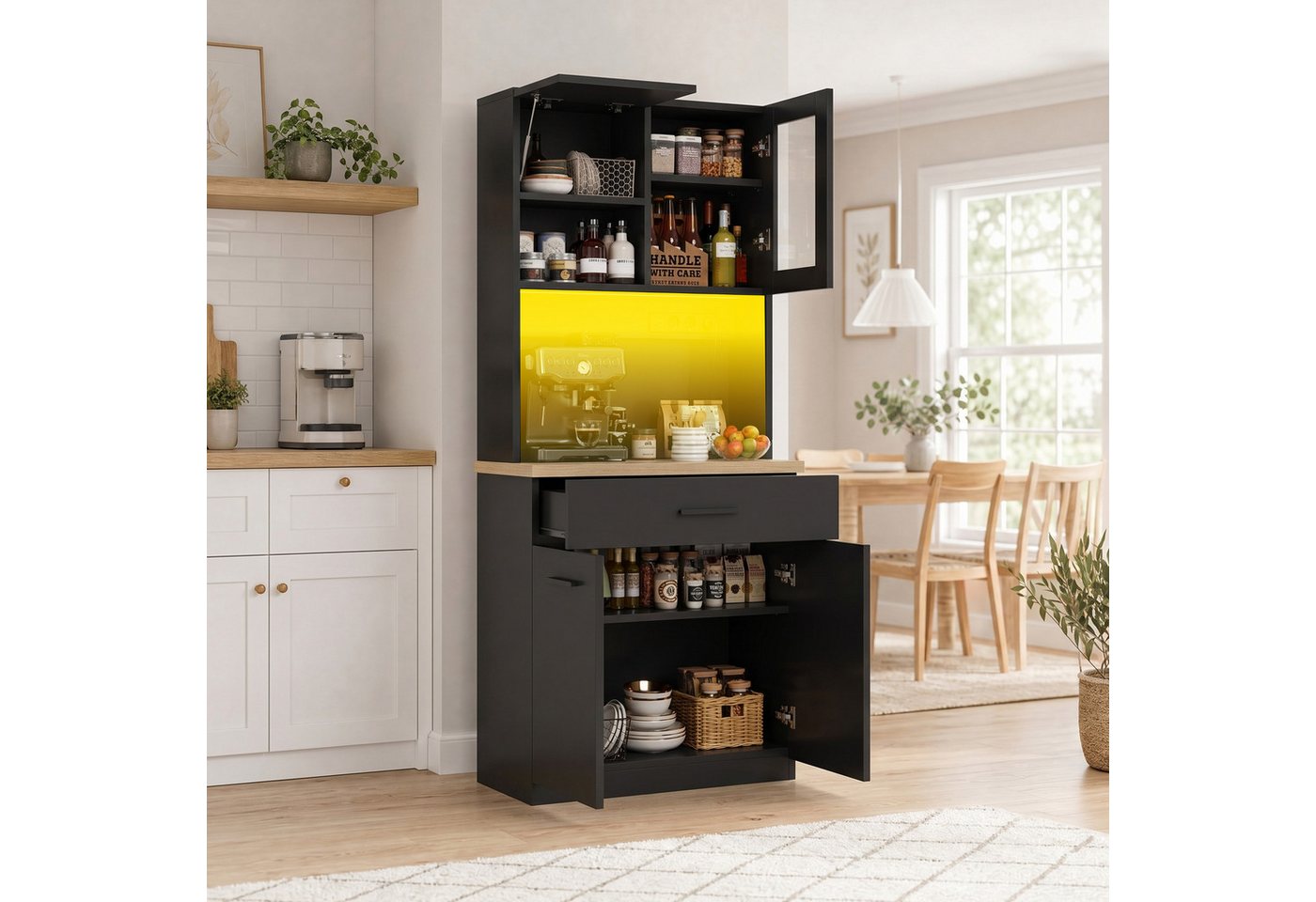 HOMALL Küchenbuffet Hohe Schränke, Küchenzeilen, Sideboards, mit LED-Beleuchtung (Maße: 80/100 × 40 × 182 cm, mit 3 Schubladen + 3 Schranktüren + 1 offenem Staufach und Arbeitsplatte, 2 Steckdosen + 2 USB-Anschlüssen, mit verstellbaren Einlegeböden) Bild 2