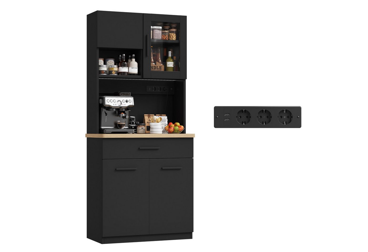 HOMALL Küchenbuffet Hohe Schränke, Küchenzeilen, Sideboards, mit LED-Beleuchtung (Maße: 80/100 × 40 × 182 cm, mit 3 Schubladen + 3 Schranktüren + 1 offenem Staufach und Arbeitsplatte, 2 Steckdosen + 2 USB-Anschlüssen, mit verstellbaren Einlegeböden) Bild 3