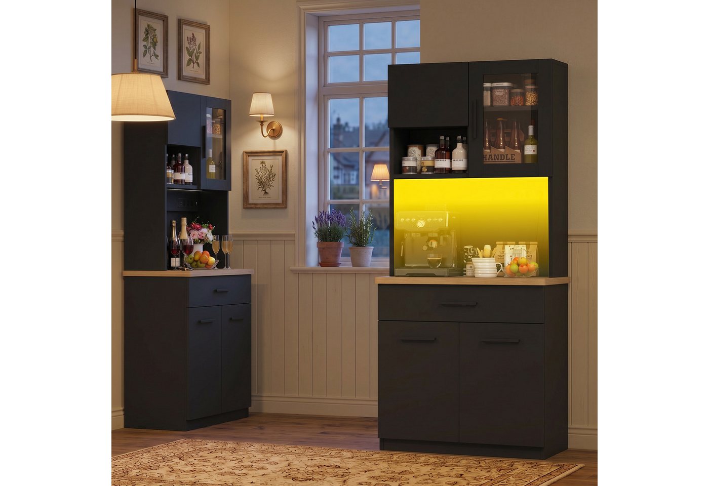 HOMALL Küchenbuffet Hohe Schränke, Küchenzeilen, Sideboards, mit LED-Beleuchtung (Maße: 80/100 × 40 × 182 cm, mit 3 Schubladen + 3 Schranktüren + 1 offenem Staufach und Arbeitsplatte, 2 Steckdosen + 2 USB-Anschlüssen, mit verstellbaren Einlegeböden) Bild 4