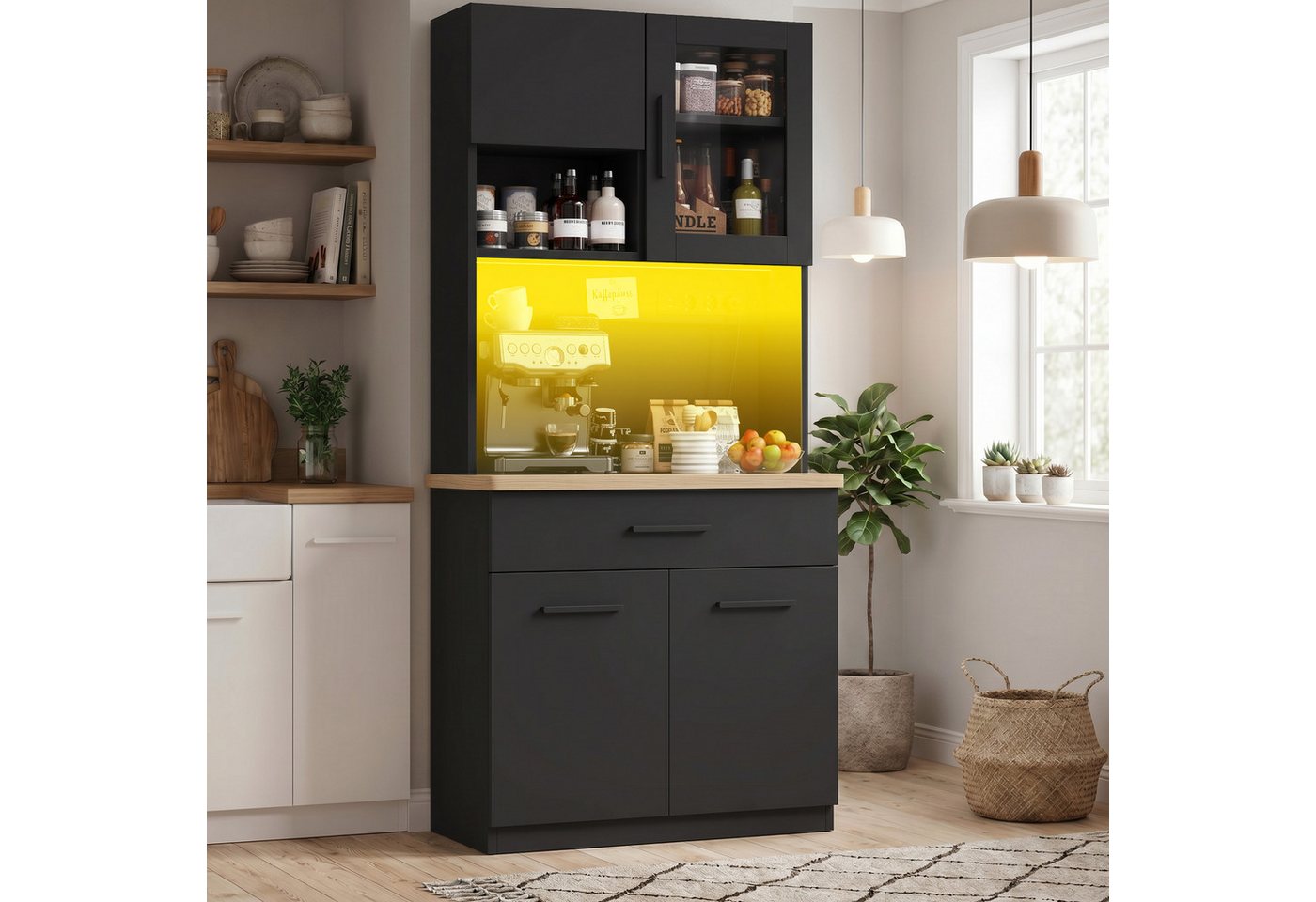 HOMALL Küchenbuffet Hohe Schränke, Küchenzeilen, Sideboards, mit LED-Beleuchtung (Maße: 80/100 × 40 × 182 cm, mit 3 Schubladen + 3 Schranktüren + 1 offenem Staufach und Arbeitsplatte, 2 Steckdosen + 2 USB-Anschlüssen, mit verstellbaren Einlegeböden) Bild 5