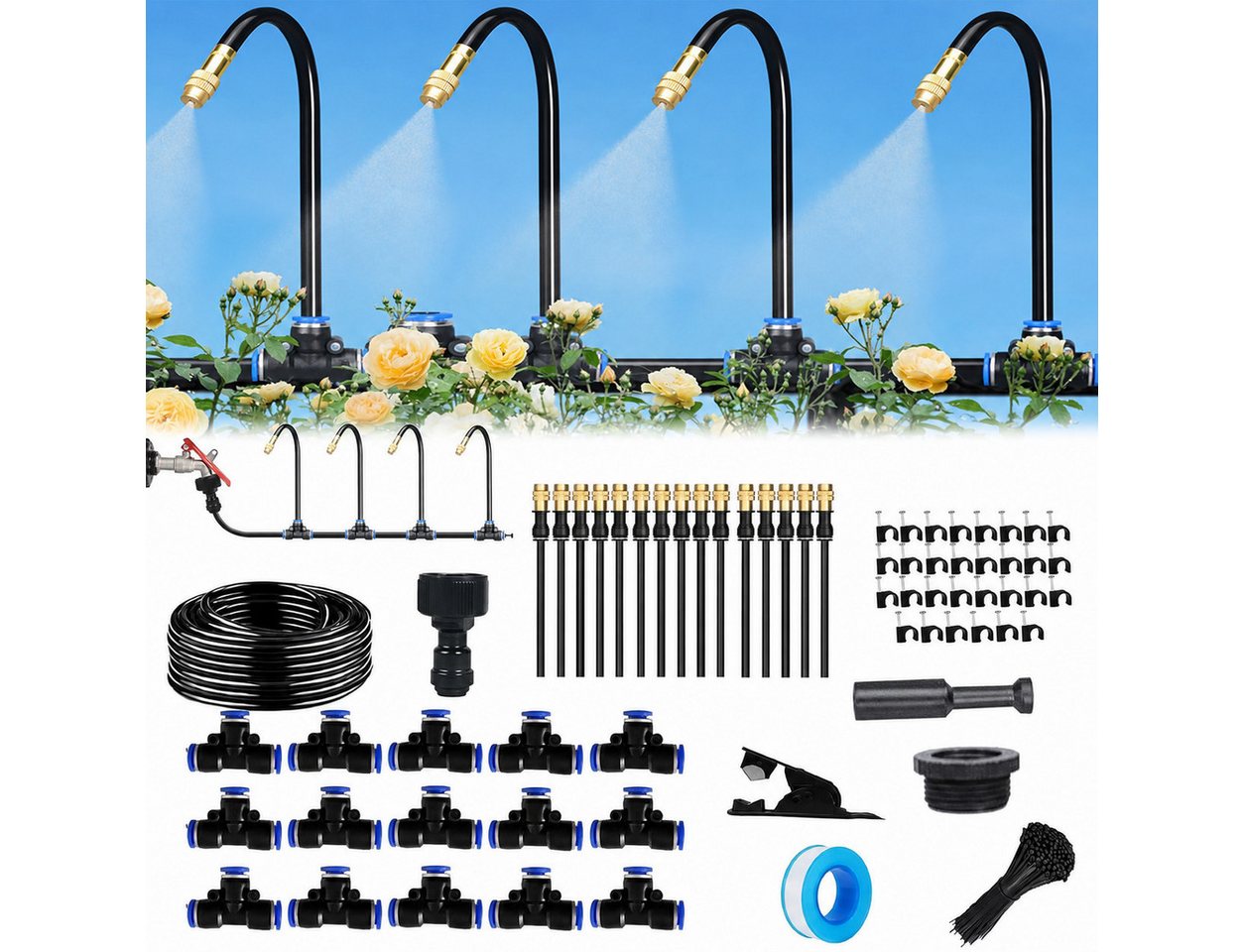 AIMAX Bewässerungssystem Garten 15 m, automatische Gartenbewässerung, Automatische Bewässerung mit 15 einstellbaren Sprühdüsen, 6 mm