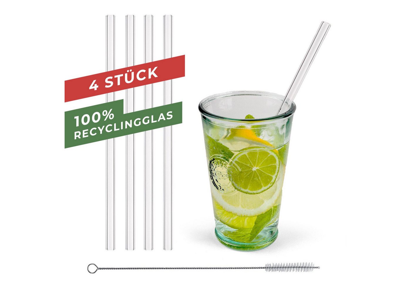 CEPEWA Trinkhalme 4 Stück Strohhalme aus Glas Trinkhalme 20cm mit Reinigungsbürste Trink Bild 3