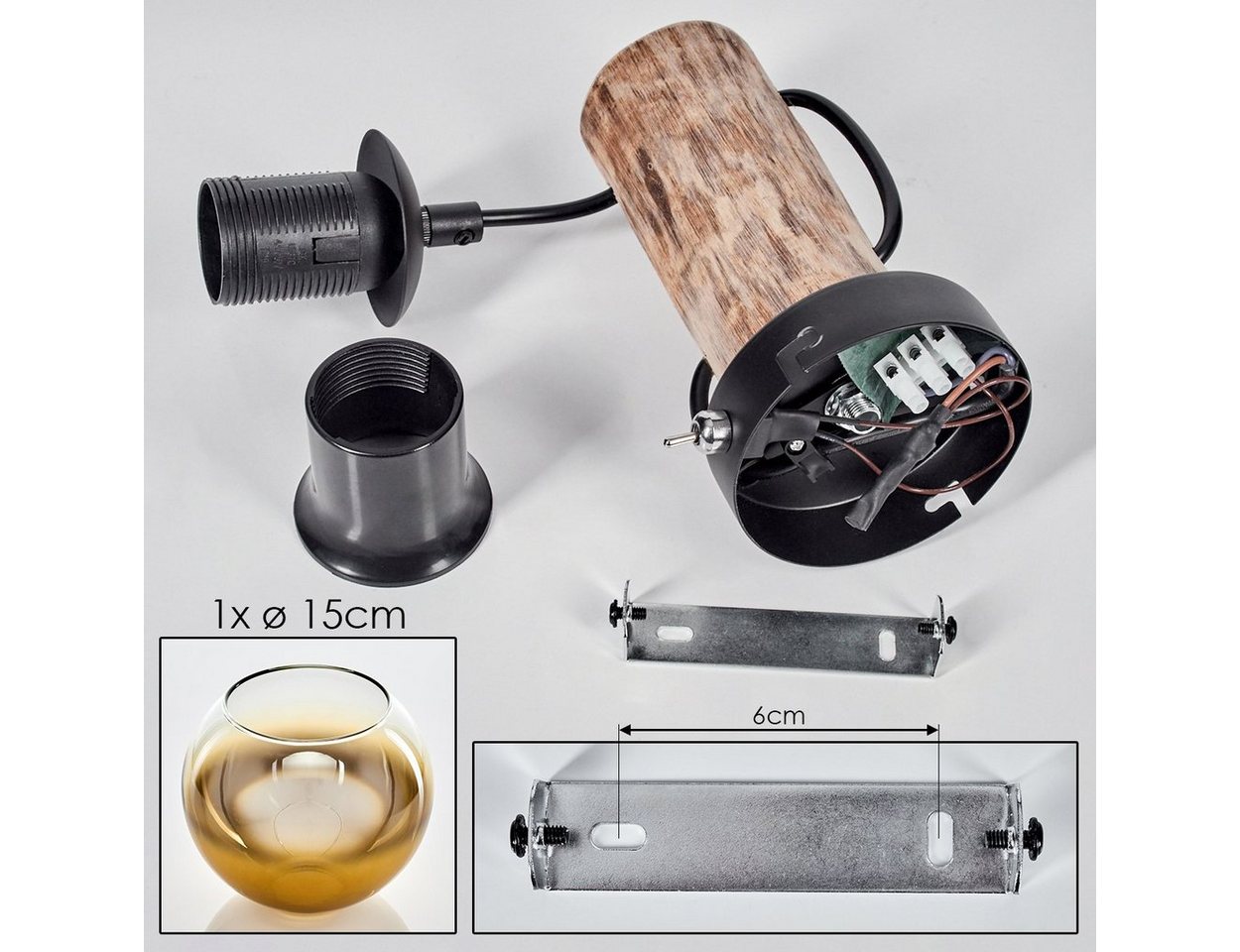 hofstein Wandleuchte Wandlampe aus Metall/Holz/Glas in Schwarz/Natur/Gold/Klar, ohne Leuchtmittel, Leuchte mit Glasschirm, An/-Auschalter, 1xE27, ohne Leuchtmittel
