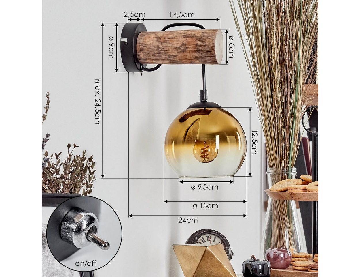 hofstein Wandleuchte Wandlampe aus Metall/Holz/Glas in Schwarz/Natur/Gold/Klar, ohne Leuchtmittel, Leuchte mit Glasschirm, An/-Auschalter, 1xE27, ohne Leuchtmittel Bild 3