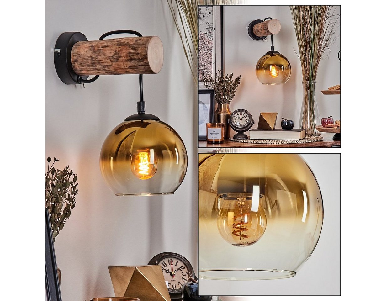 hofstein Wandleuchte Wandlampe aus Metall/Holz/Glas in Schwarz/Natur/Gold/Klar, ohne Leuchtmittel, Leuchte mit Glasschirm, An/-Auschalter, 1xE27, ohne Leuchtmittel Bild 4