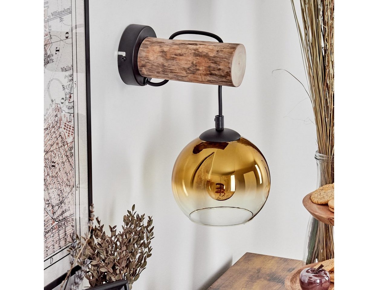 hofstein Wandleuchte Wandlampe aus Metall/Holz/Glas in Schwarz/Natur/Gold/Klar, ohne Leuchtmittel, Leuchte mit Glasschirm, An/-Auschalter, 1xE27, ohne Leuchtmittel Bild 5